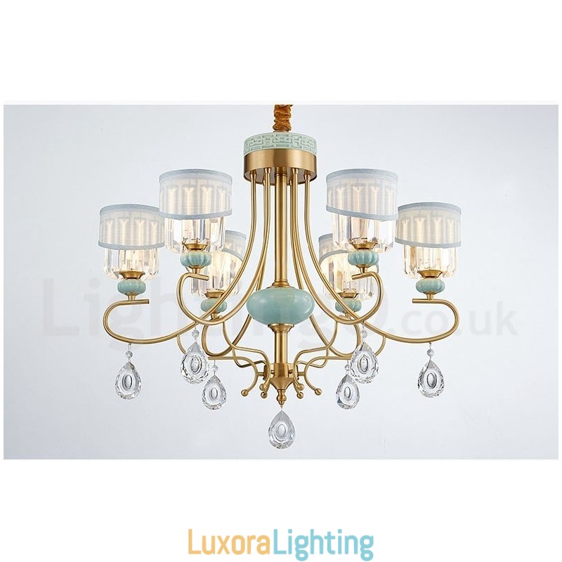 Designer Touch Decorative Pure Brass Luxurious Rustic Retro Vintage Brass Ceramics Pendant Candle Chandelier with Fabric and Crystal Shades