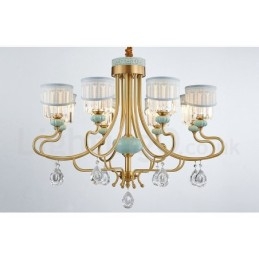 Designer Touch Decorative Pure Brass Luxurious Rustic Retro Vintage Brass Ceramics Pendant Candle Chandelier with Fabric and Crystal Shades