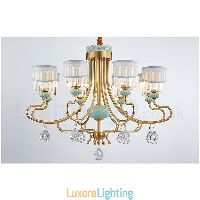 Designer Touch Decorative Pure Brass Luxurious Rustic Retro Vintage Brass Ceramics Pendant Candle Chandelier with Fabric and Crystal Shades