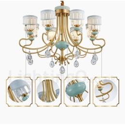 Designer Touch Decorative Pure Brass Luxurious Rustic Retro Vintage Brass Ceramics Pendant Candle Chandelier with Fabric and Crystal Shades