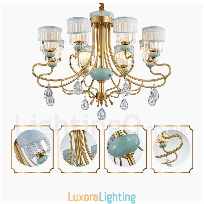 Designer Touch Decorative Pure Brass Luxurious Rustic Retro Vintage Brass Ceramics Pendant Candle Chandelier with Fabric and Crystal Shades
