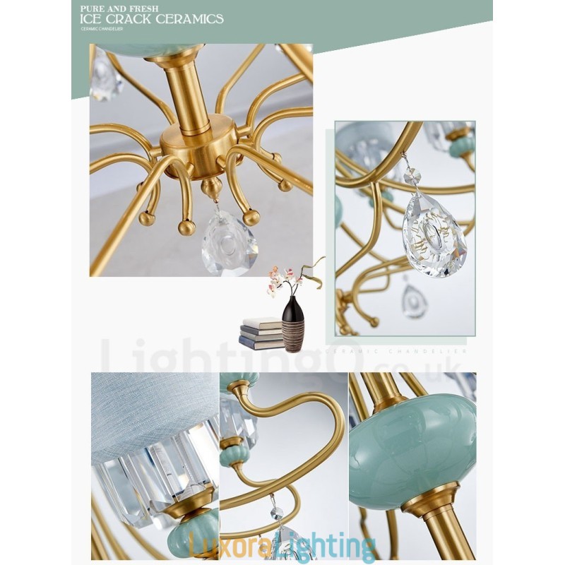 Designer Touch Decorative Pure Brass Luxurious Rustic Retro Vintage Brass Ceramics Pendant Candle Chandelier with Fabric and Crystal Shades