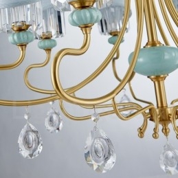 Designer Touch Decorative Pure Brass Luxurious Rustic Retro Vintage Brass Ceramics Pendant Candle Chandelier with Fabric and Crystal Shades