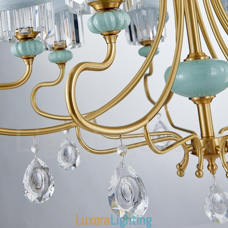 Designer Touch Decorative Pure Brass Luxurious Rustic Retro Vintage Brass Ceramics Pendant Candle Chandelier with Fabric and Crystal Shades