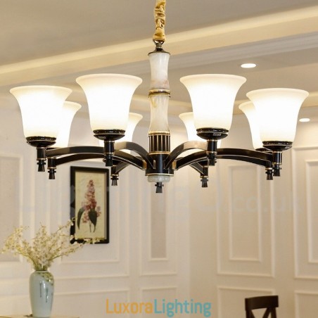 Designer Touch Decorative Pure Brass Luxurious Rustic Retro Vintage Brass Stone Pendant Candle Chandelier with Glass Shades