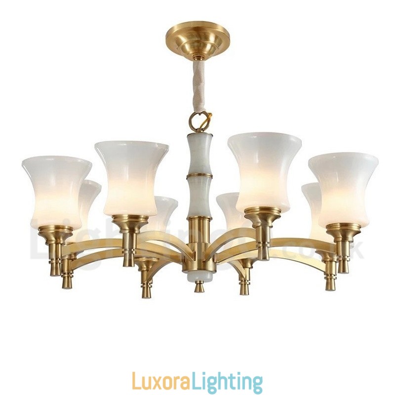 Designer Touch Decorative Pure Brass Luxurious Rustic Retro Vintage Brass Stone Pendant Candle Chandelier with Glass Shades