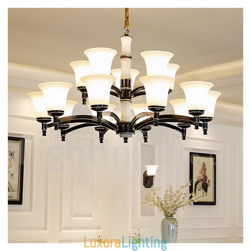 Designer Touch Decorative Pure Brass Luxurious Rustic Retro Vintage Brass Stone Pendant Candle Chandelier with Glass Shades