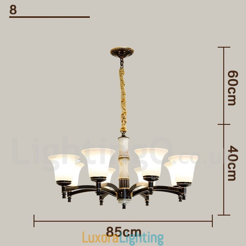 Designer Touch Decorative Pure Brass Luxurious Rustic Retro Vintage Brass Stone Pendant Candle Chandelier with Glass Shades