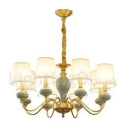 Designer Touch Decorative Pure Brass Luxurious Rustic Retro Vintage Brass Ceramics Pendant Candle Chandelier with Fabric Shades