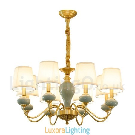 Designer Touch Decorative Pure Brass Luxurious Rustic Retro Vintage Brass Ceramics Pendant Candle Chandelier with Fabric Shades