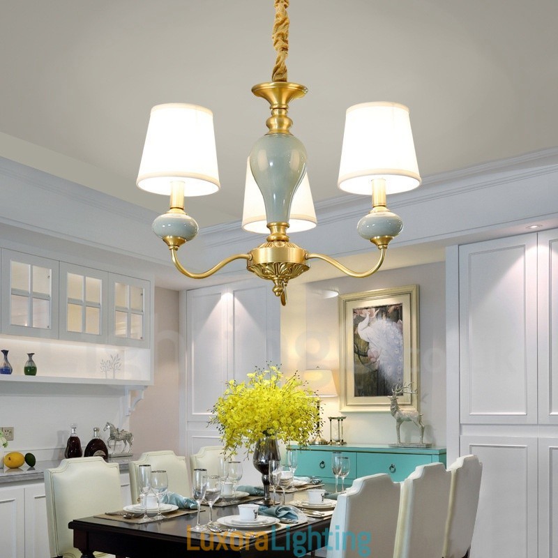Designer Touch Decorative Pure Brass Luxurious Rustic Retro Vintage Brass Ceramics Pendant Candle Chandelier with Fabric Shades