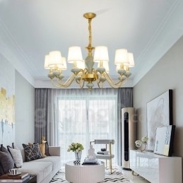 Designer Touch Decorative Pure Brass Luxurious Rustic Retro Vintage Brass Ceramics Pendant Candle Chandelier with Fabric Shades