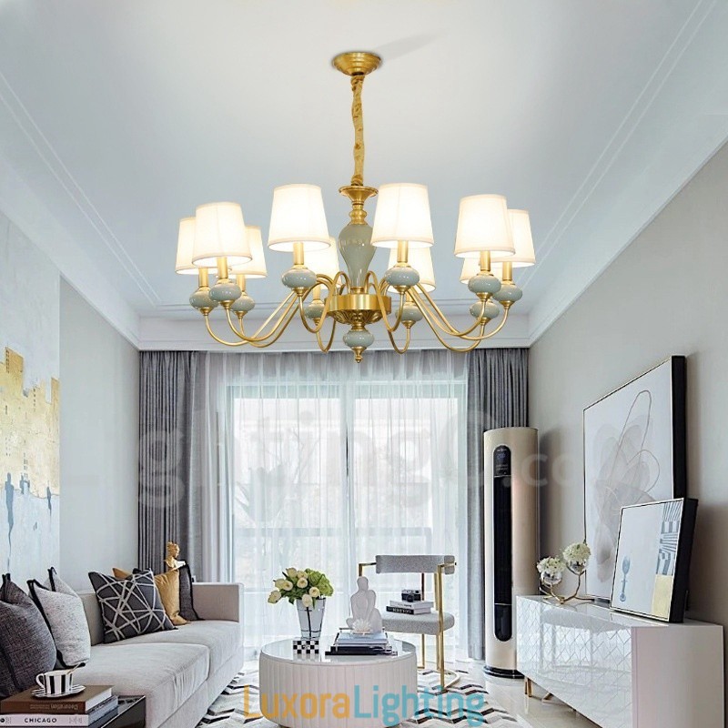 Designer Touch Decorative Pure Brass Luxurious Rustic Retro Vintage Brass Ceramics Pendant Candle Chandelier with Fabric Shades