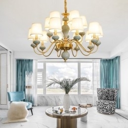 Designer Touch Decorative Pure Brass Luxurious Rustic Retro Vintage Brass Ceramics Pendant Candle Chandelier with Fabric Shades