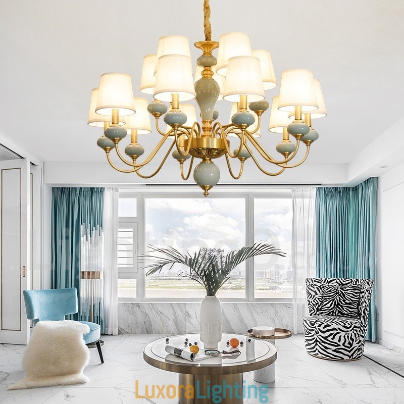 Designer Touch Decorative Pure Brass Luxurious Rustic Retro Vintage Brass Ceramics Pendant Candle Chandelier with Fabric Shades