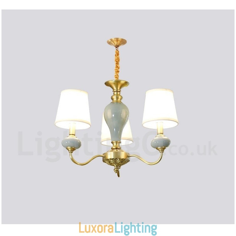 Designer Touch Decorative Pure Brass Luxurious Rustic Retro Vintage Brass Ceramics Pendant Candle Chandelier with Fabric Shades