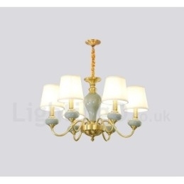 Designer Touch Decorative Pure Brass Luxurious Rustic Retro Vintage Brass Ceramics Pendant Candle Chandelier with Fabric Shades