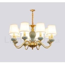 Designer Touch Decorative Pure Brass Luxurious Rustic Retro Vintage Brass Ceramics Pendant Candle Chandelier with Fabric Shades