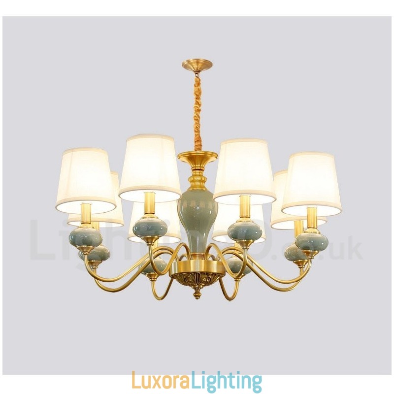 Designer Touch Decorative Pure Brass Luxurious Rustic Retro Vintage Brass Ceramics Pendant Candle Chandelier with Fabric Shades