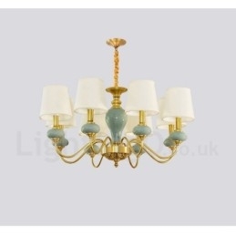Designer Touch Decorative Pure Brass Luxurious Rustic Retro Vintage Brass Ceramics Pendant Candle Chandelier with Fabric Shades