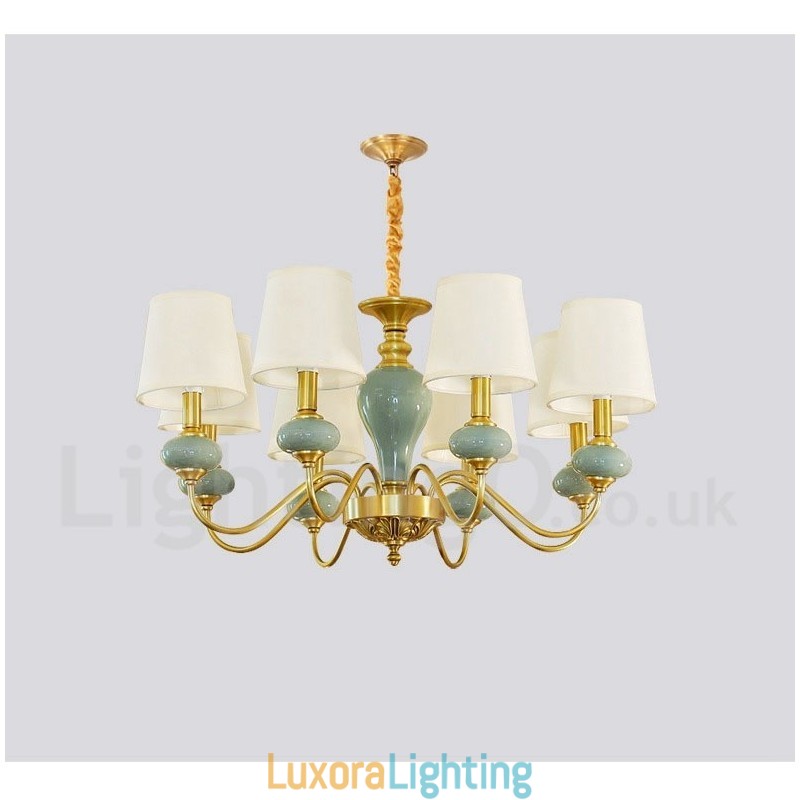 Designer Touch Decorative Pure Brass Luxurious Rustic Retro Vintage Brass Ceramics Pendant Candle Chandelier with Fabric Shades