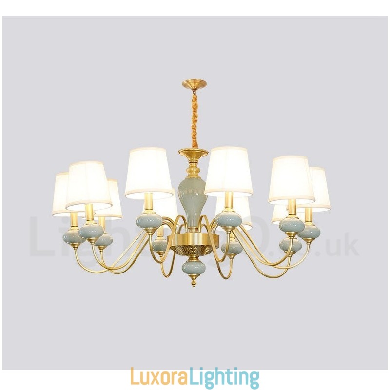 Designer Touch Decorative Pure Brass Luxurious Rustic Retro Vintage Brass Ceramics Pendant Candle Chandelier with Fabric Shades