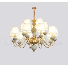 Designer Touch Decorative Pure Brass Luxurious Rustic Retro Vintage Brass Ceramics Pendant Candle Chandelier with Fabric Shades