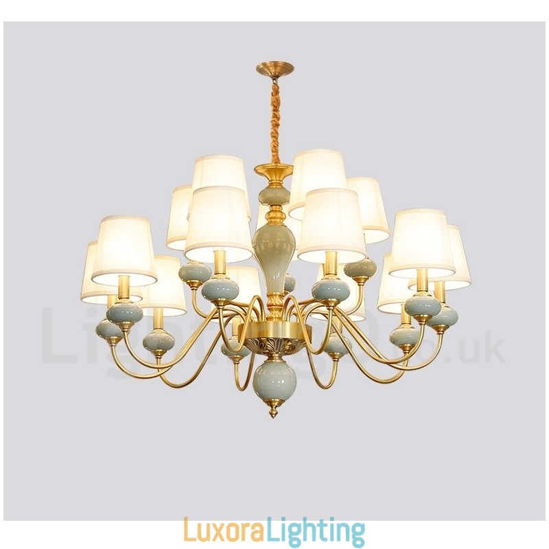 Designer Touch Decorative Pure Brass Luxurious Rustic Retro Vintage Brass Ceramics Pendant Candle Chandelier with Fabric Shades
