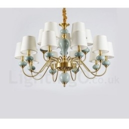 Designer Touch Decorative Pure Brass Luxurious Rustic Retro Vintage Brass Ceramics Pendant Candle Chandelier with Fabric Shades