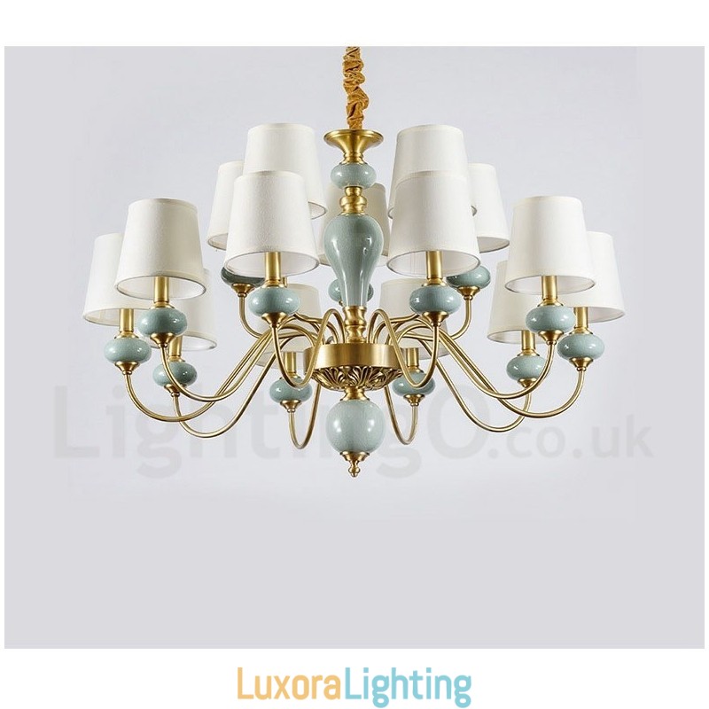 Designer Touch Decorative Pure Brass Luxurious Rustic Retro Vintage Brass Ceramics Pendant Candle Chandelier with Fabric Shades