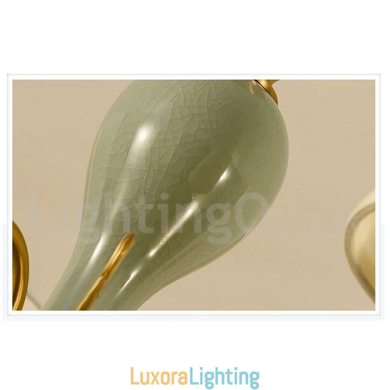 Designer Touch Decorative Pure Brass Luxurious Rustic Retro Vintage Brass Ceramics Pendant Candle Chandelier with Fabric Shades