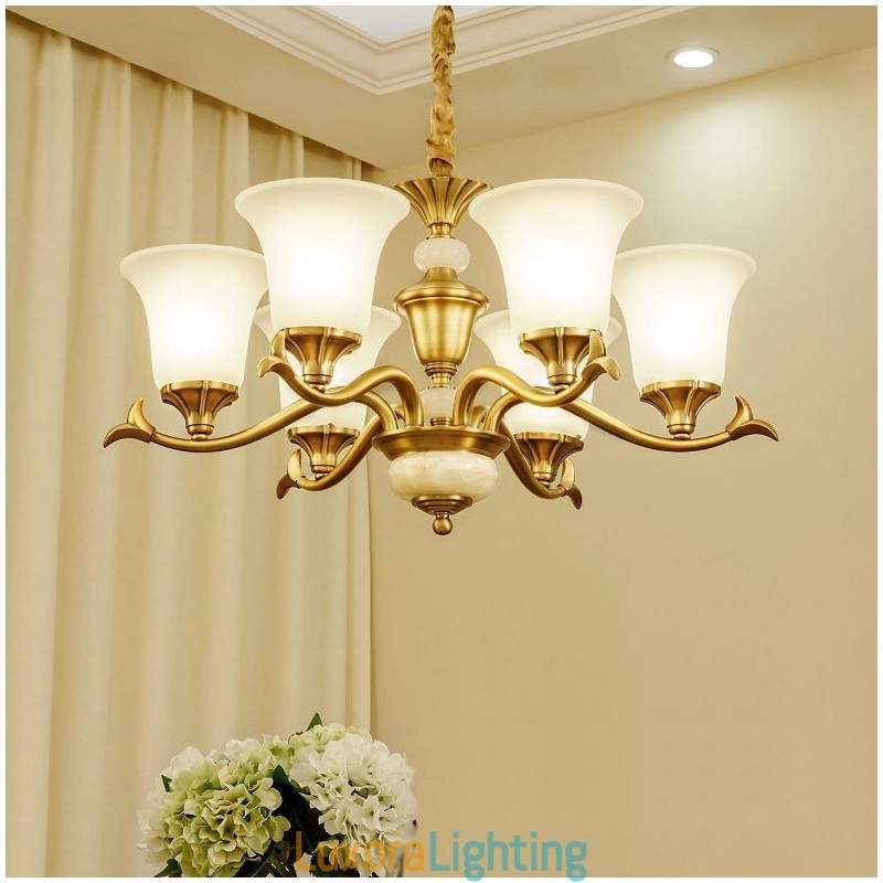 Designer Touch Decorative Pure Brass Luxurious Rustic Retro Vintage Brass Stone Pendant Candle Chandelier with Glass Shades