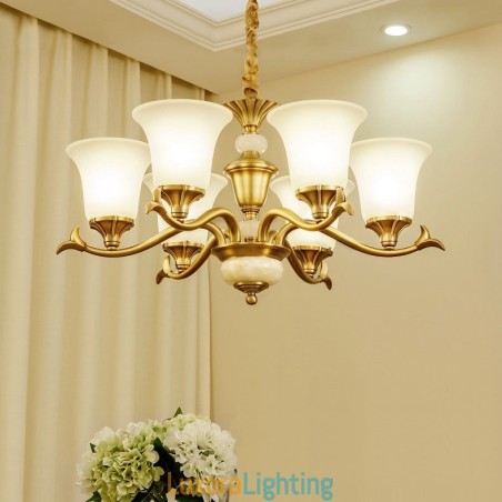 Designer Touch Decorative Pure Brass Luxurious Rustic Retro Vintage Brass Stone Pendant Candle Chandelier with Glass Shades