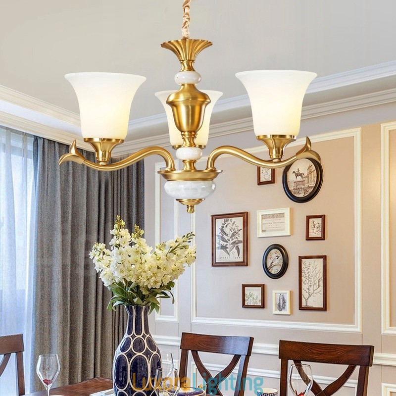 Designer Touch Decorative Pure Brass Luxurious Rustic Retro Vintage Brass Stone Pendant Candle Chandelier with Glass Shades