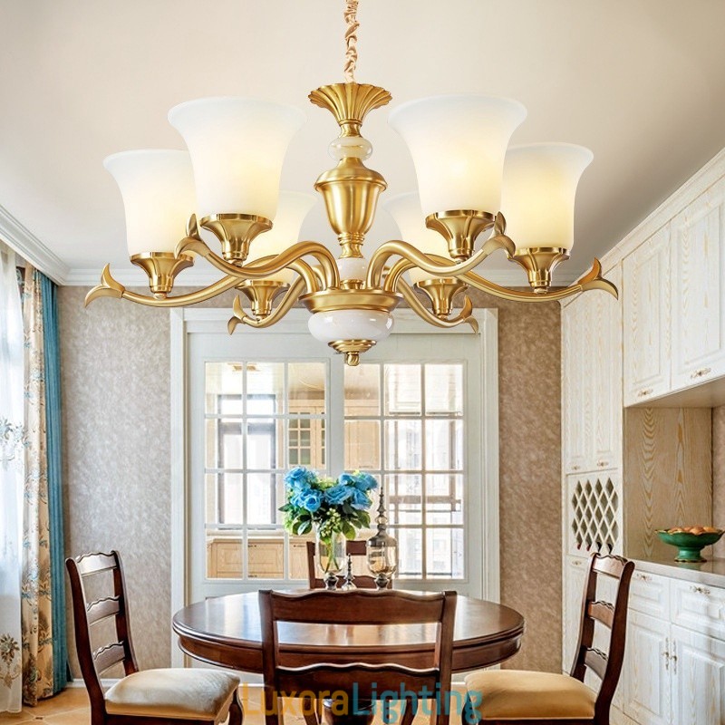 Designer Touch Decorative Pure Brass Luxurious Rustic Retro Vintage Brass Stone Pendant Candle Chandelier with Glass Shades