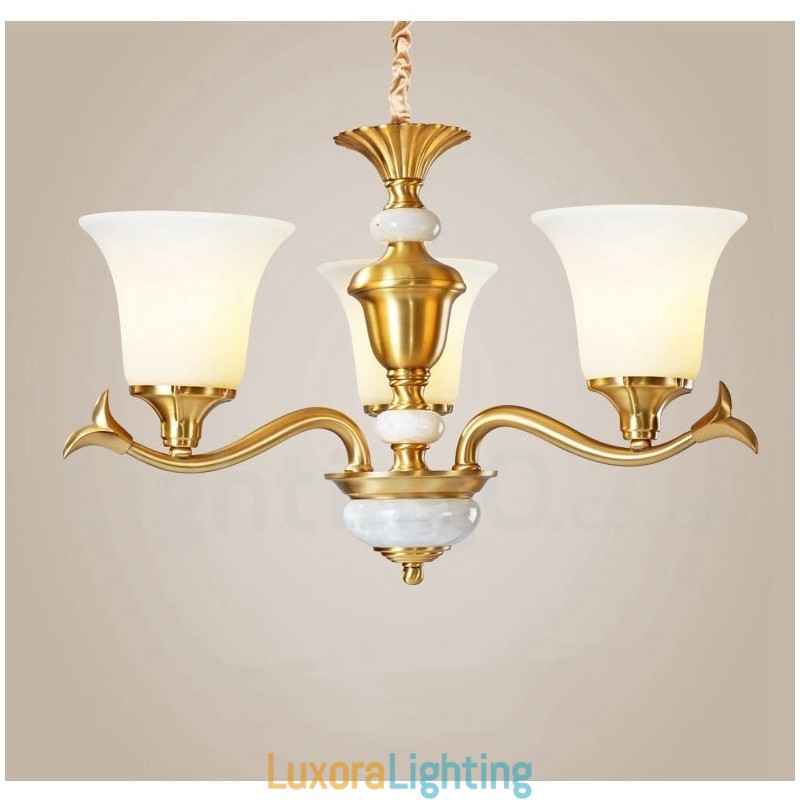 Designer Touch Decorative Pure Brass Luxurious Rustic Retro Vintage Brass Stone Pendant Candle Chandelier with Glass Shades