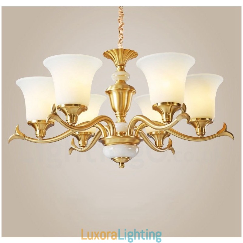 Designer Touch Decorative Pure Brass Luxurious Rustic Retro Vintage Brass Stone Pendant Candle Chandelier with Glass Shades