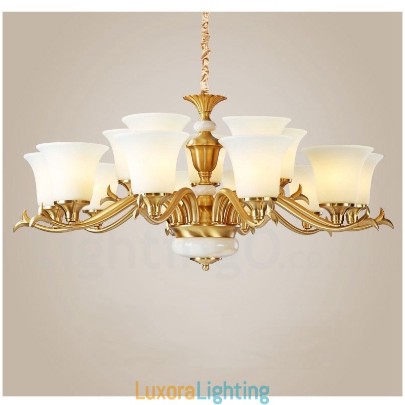 Designer Touch Decorative Pure Brass Luxurious Rustic Retro Vintage Brass Stone Pendant Candle Chandelier with Glass Shades