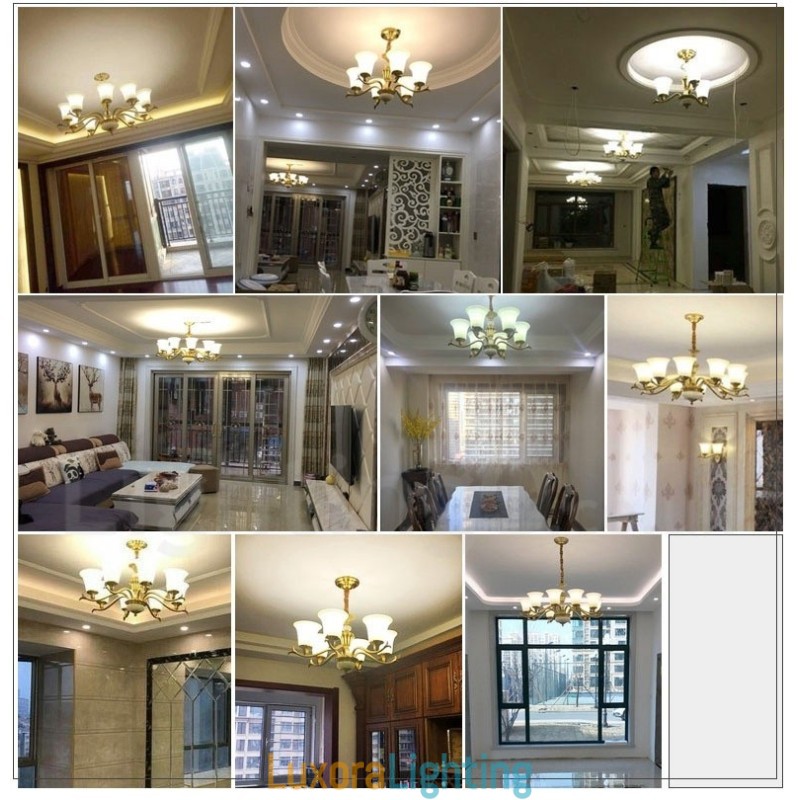 Designer Touch Decorative Pure Brass Luxurious Rustic Retro Vintage Brass Stone Pendant Candle Chandelier with Glass Shades