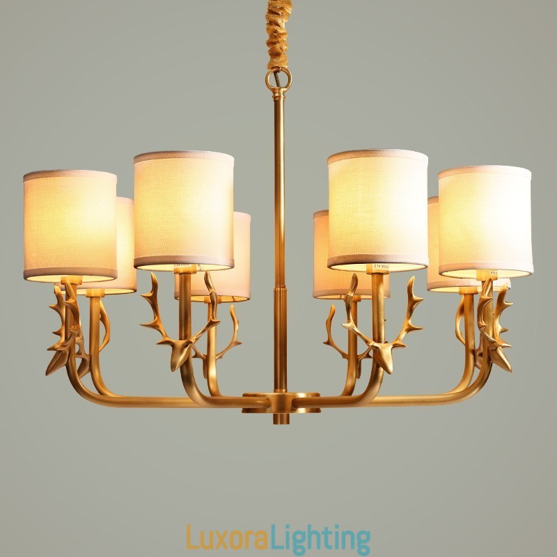 Designer Touch Decorative Pure Brass Luxurious Rustic Retro Vintage Brass Pendant Candle Chandelier with Fabric Shades