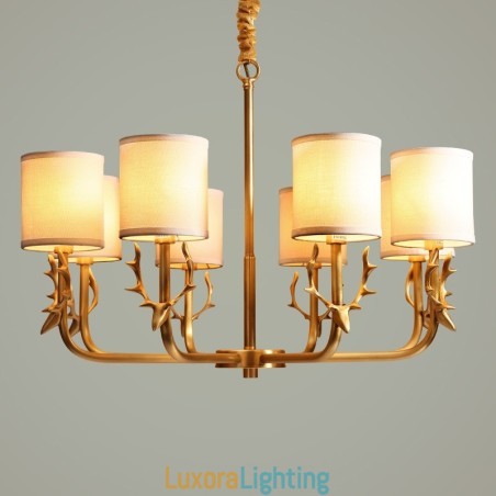 Designer Touch Decorative Pure Brass Luxurious Rustic Retro Vintage Brass Pendant Candle Chandelier with Fabric Shades