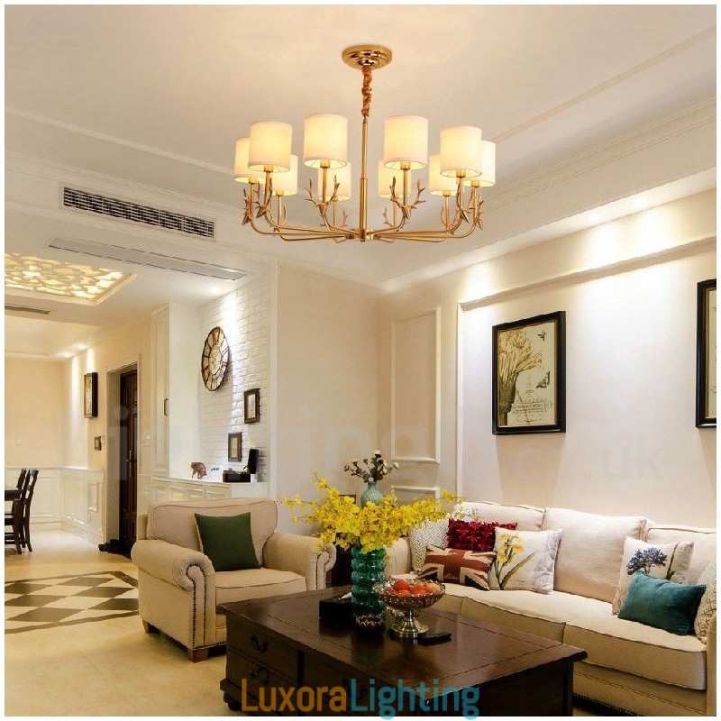 Designer Touch Decorative Pure Brass Luxurious Rustic Retro Vintage Brass Pendant Candle Chandelier with Fabric Shades