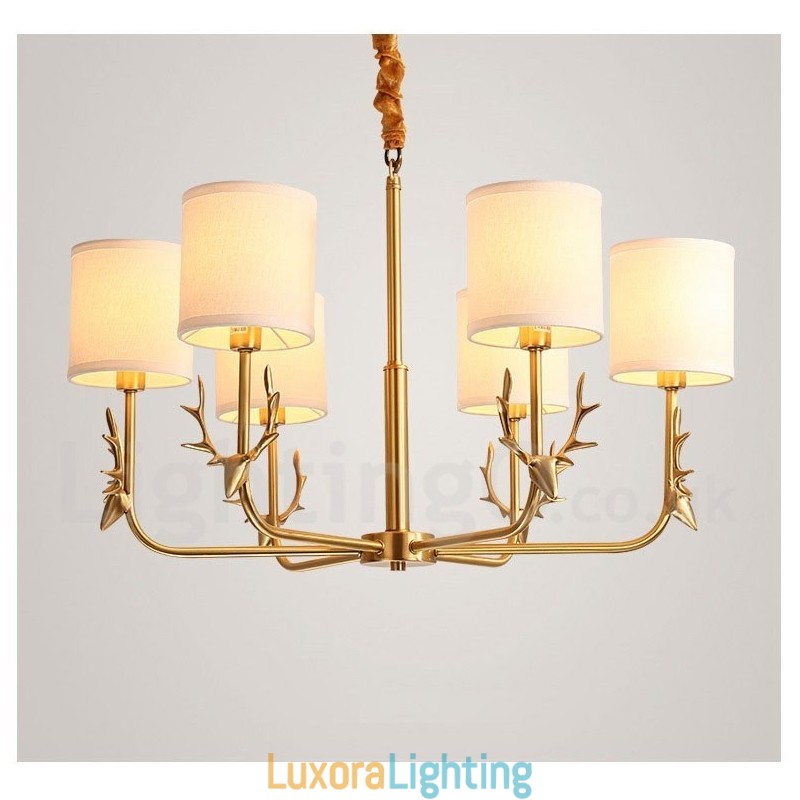 Designer Touch Decorative Pure Brass Luxurious Rustic Retro Vintage Brass Pendant Candle Chandelier with Fabric Shades