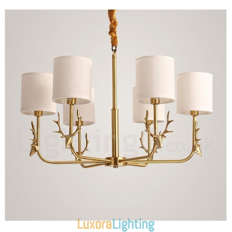 Designer Touch Decorative Pure Brass Luxurious Rustic Retro Vintage Brass Pendant Candle Chandelier with Fabric Shades