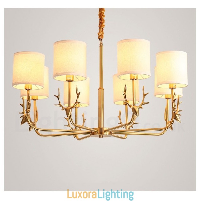 Designer Touch Decorative Pure Brass Luxurious Rustic Retro Vintage Brass Pendant Candle Chandelier with Fabric Shades