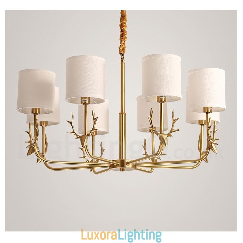 Designer Touch Decorative Pure Brass Luxurious Rustic Retro Vintage Brass Pendant Candle Chandelier with Fabric Shades