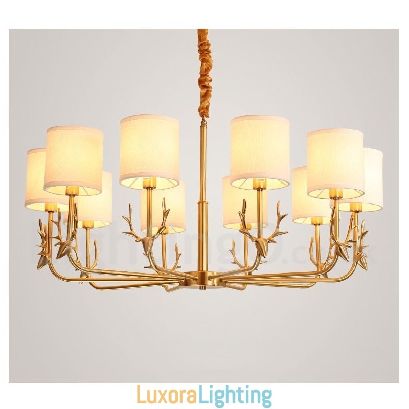 Designer Touch Decorative Pure Brass Luxurious Rustic Retro Vintage Brass Pendant Candle Chandelier with Fabric Shades