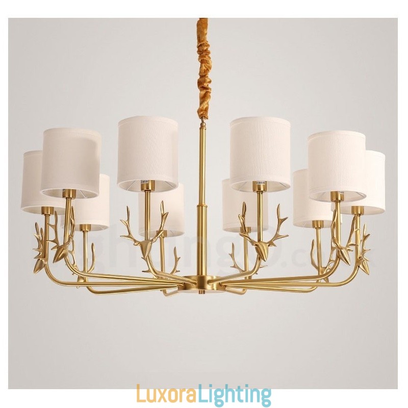 Designer Touch Decorative Pure Brass Luxurious Rustic Retro Vintage Brass Pendant Candle Chandelier with Fabric Shades