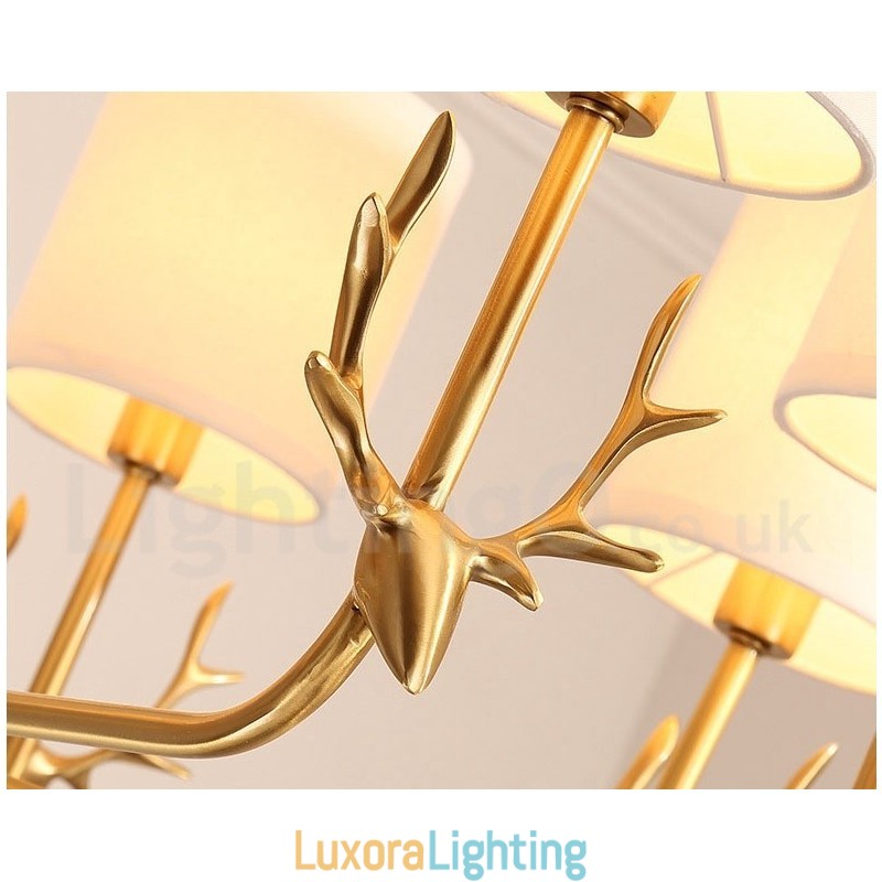 Designer Touch Decorative Pure Brass Luxurious Rustic Retro Vintage Brass Pendant Candle Chandelier with Fabric Shades