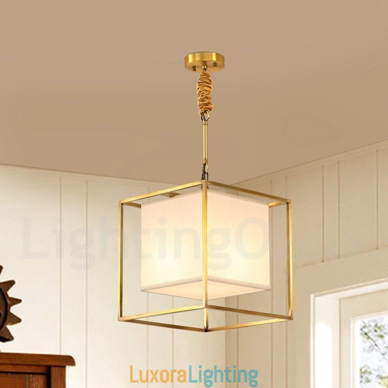 Designer Touch Decorative Pure Brass Simple Rustic Retro Vintage Brass Pendant Light with Fabric Shade